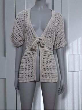 Open Knit Tie-Front Cardigan in Neutral Cream